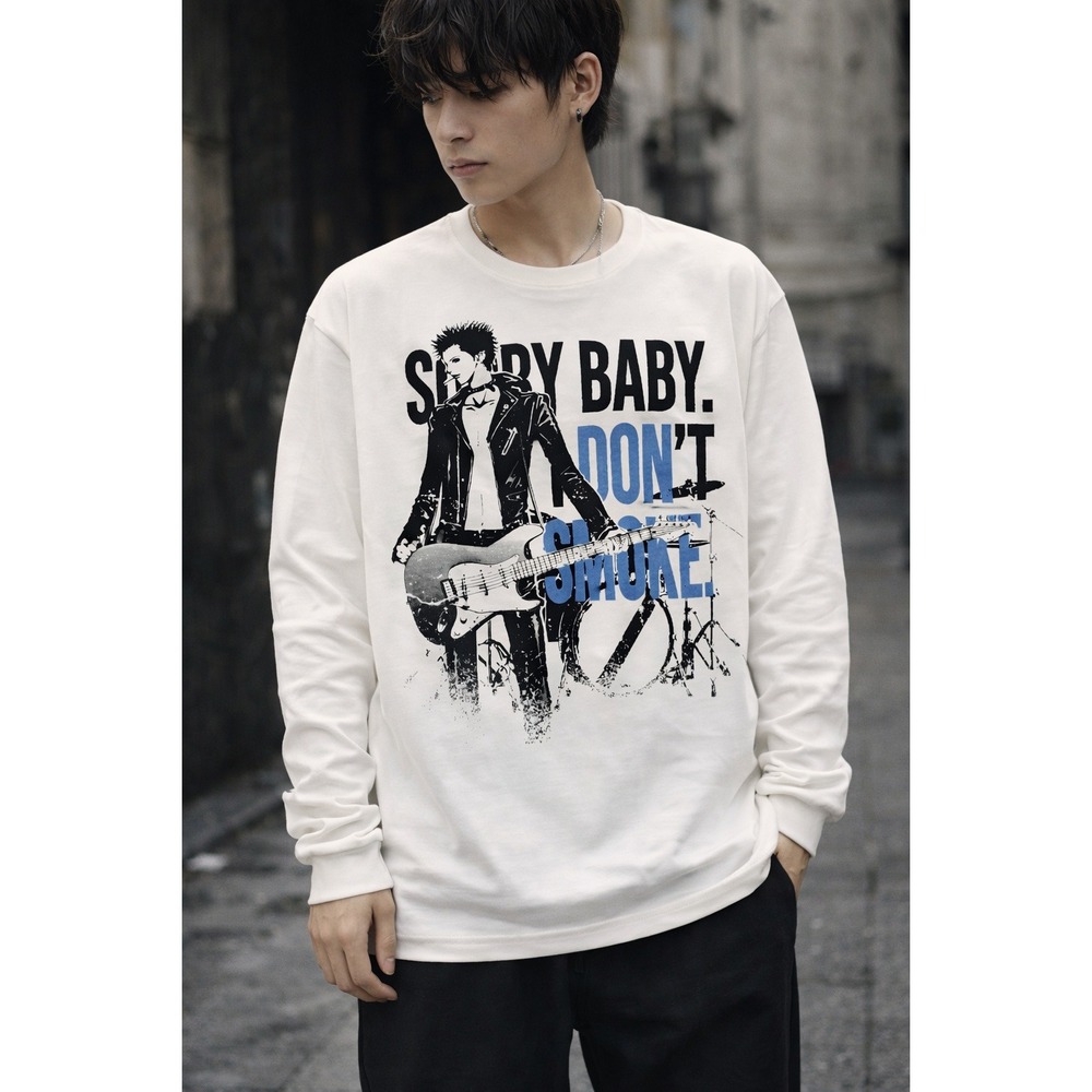 Donsmoke Mens XL Sorry Baby Don't Smoke Graphic Long Sleeve Tee Cream Punk NWT‎